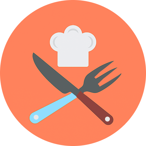 Logo da Sabor em Casa: um garfo, uma faca e um chapéu de cozinheiro
